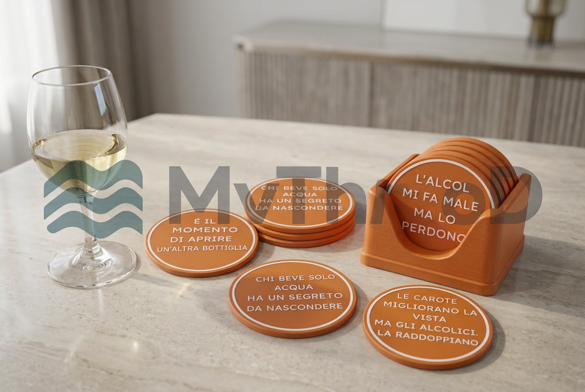 Set di sottobicchieri arancioni con scritte bianche e supporto MyThreeD