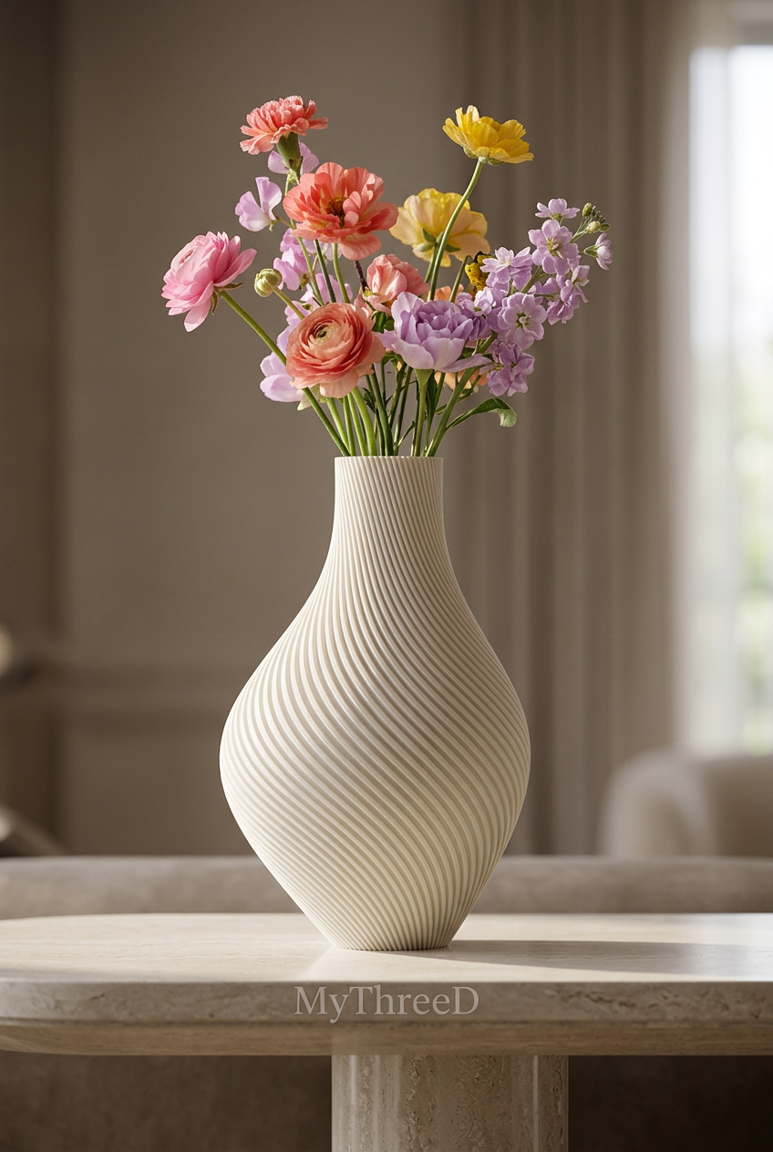 Vaso asimmetrico a coste bianco avorio con fiori e filigrana MyThreeD