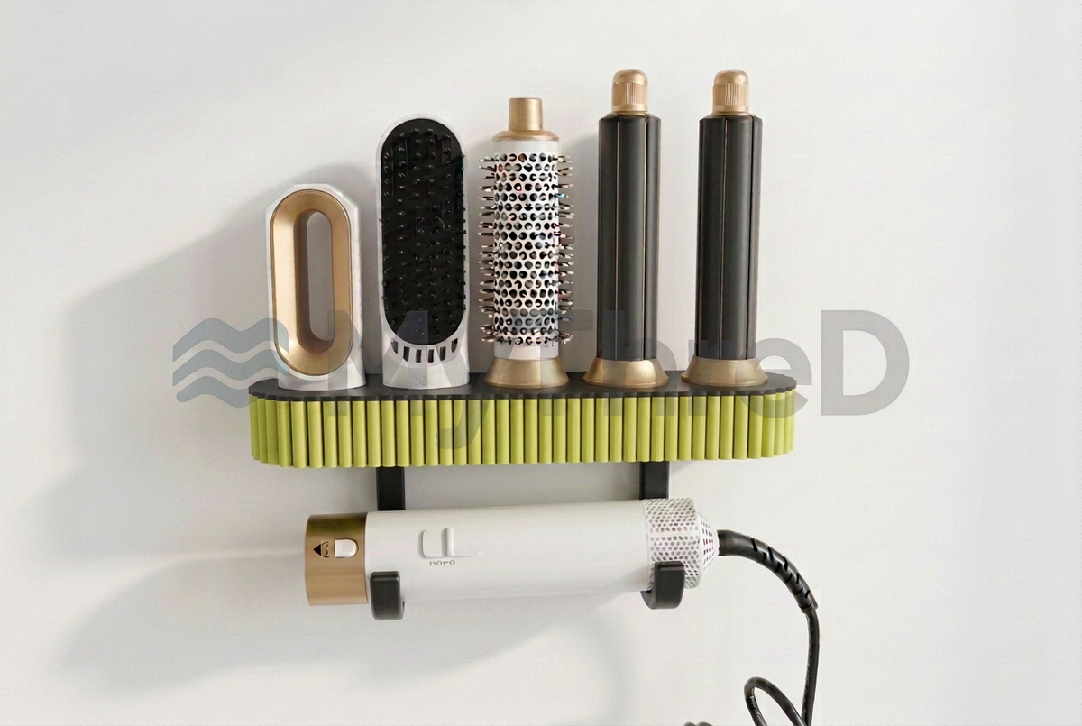 Porta accessori styling con coste verde acido, base e ganci neri