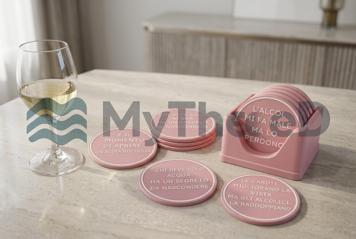 Set di sottobicchieri rosa con scritte bianche e supporto MyThreeD