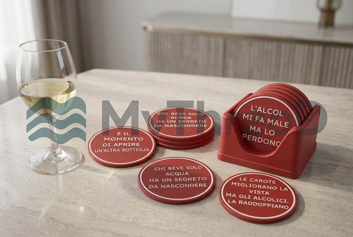 Set di sottobicchieri rossi con scritte bianche e supporto MyThreeD