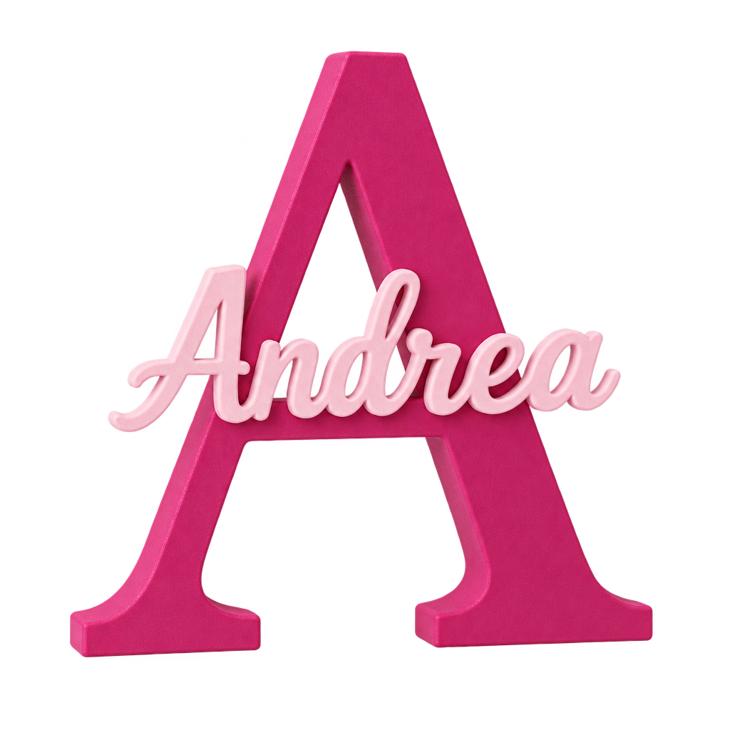 Lettera decorativa A magenta con nome Andrea rosa pastello