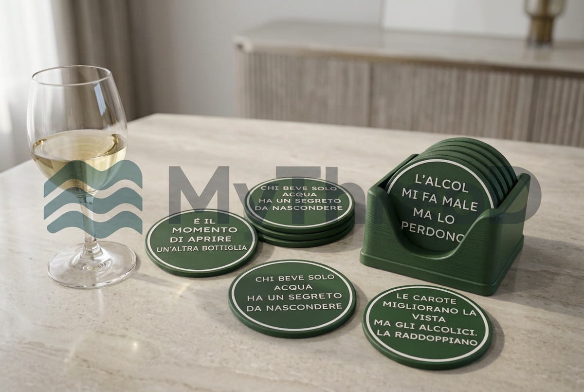 Set di sottobicchieri verdi con scritte bianche e supporto MyThreeD