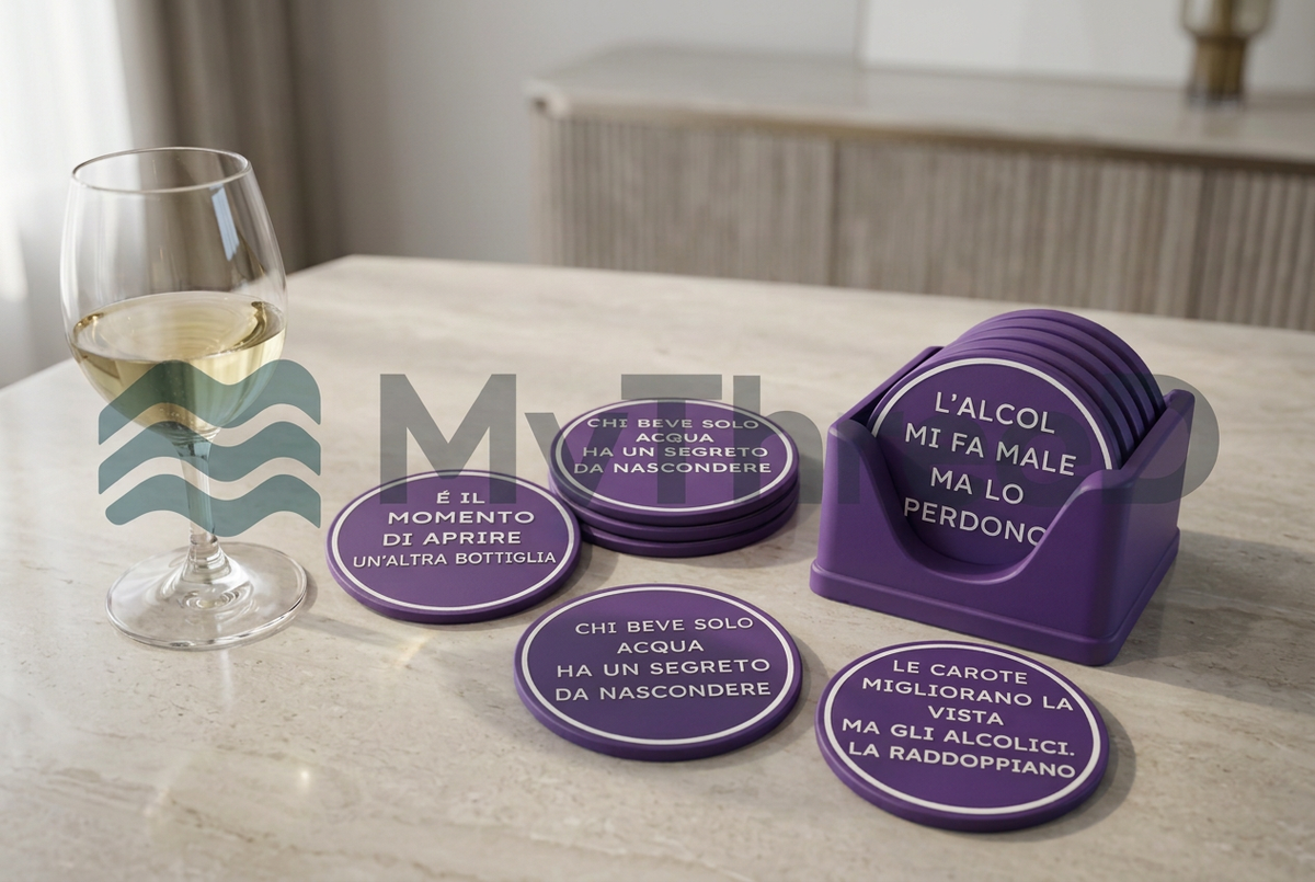 Set di sottobicchieri viola con scritte bianche e supporto MyThreeD