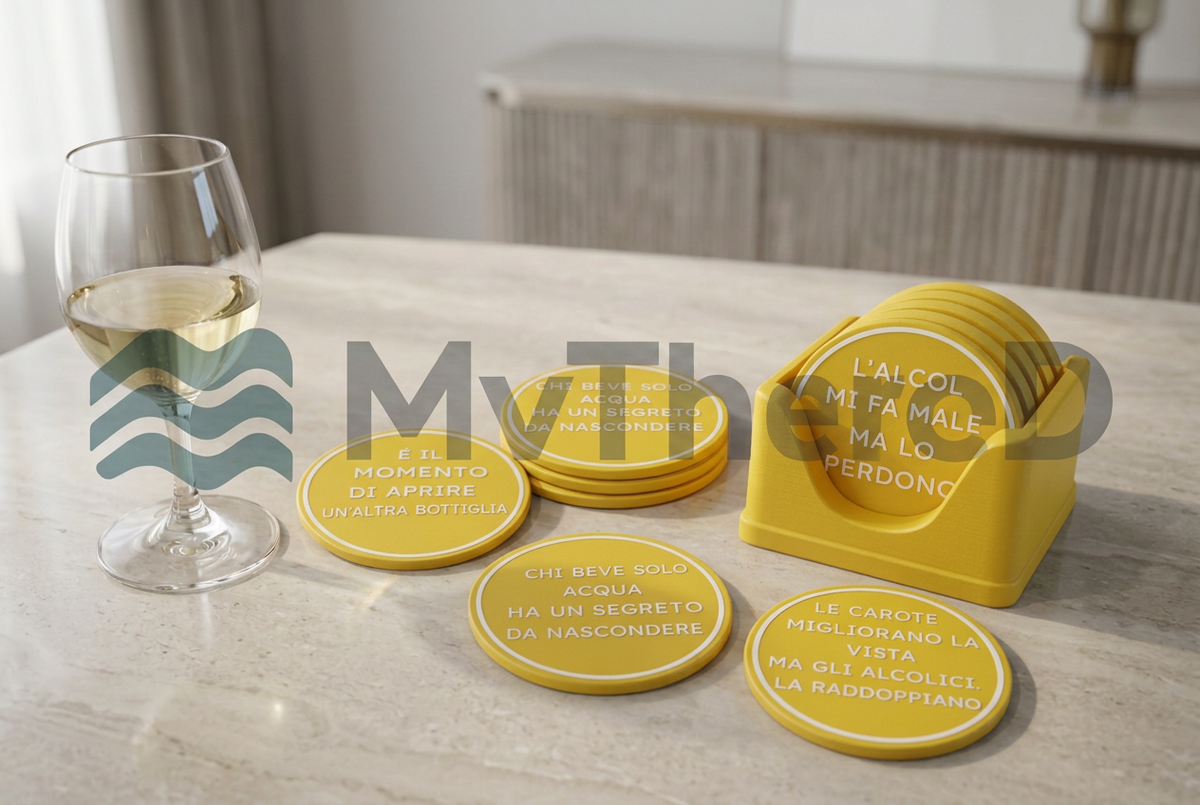 Set di sottobicchieri gialli con scritte bianche e supporto MyThreeD