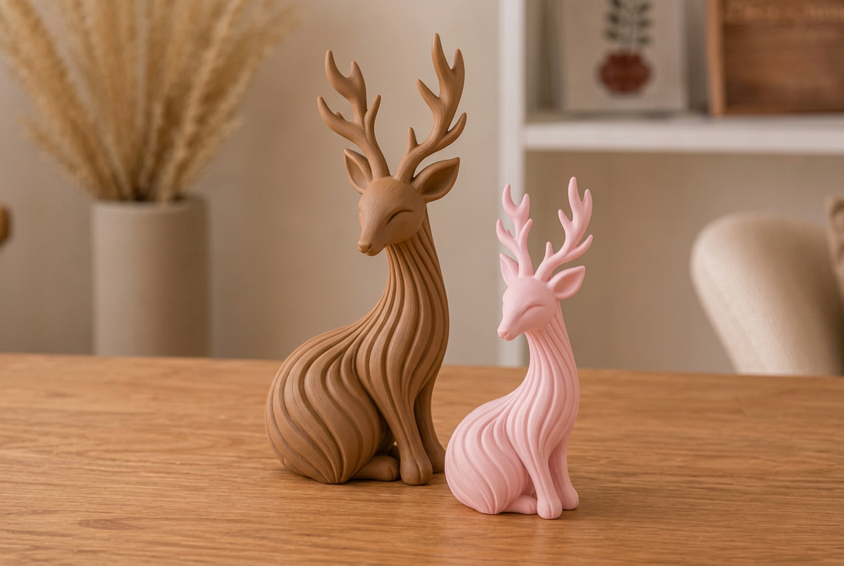Coppia di cervi decorativi: grande Marrone caldo e piccolo Rosa pastello, esempio di abbinamento