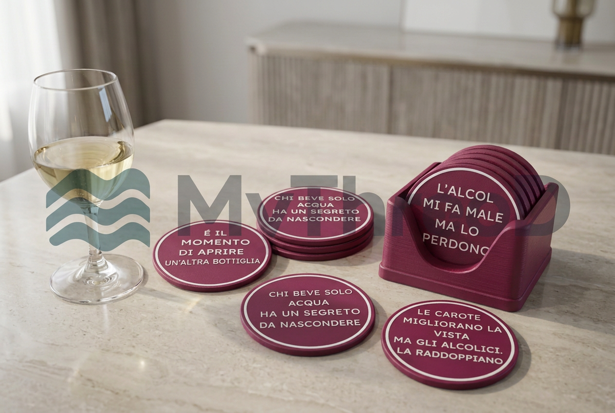Set di sottobicchieri magenta con scritte bianche e supporto MyThreeD