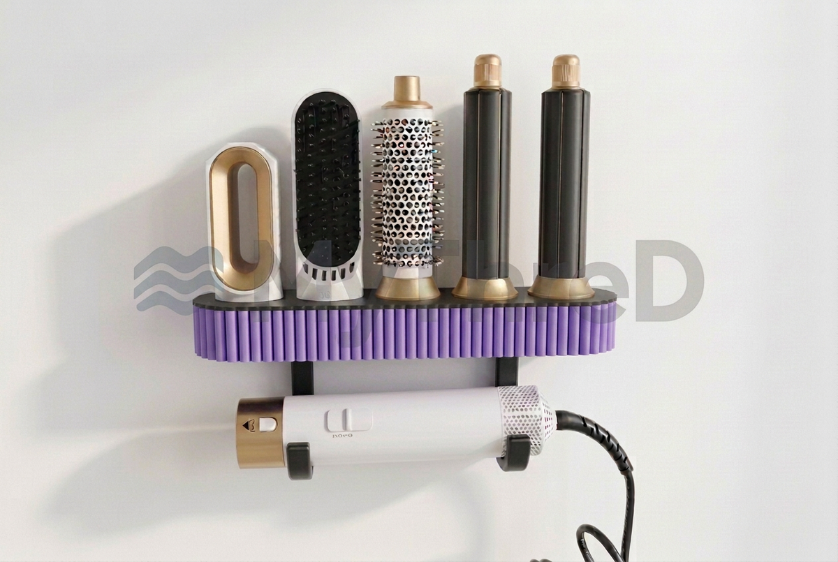 Porta accessori styling con coste viola, base e ganci neri